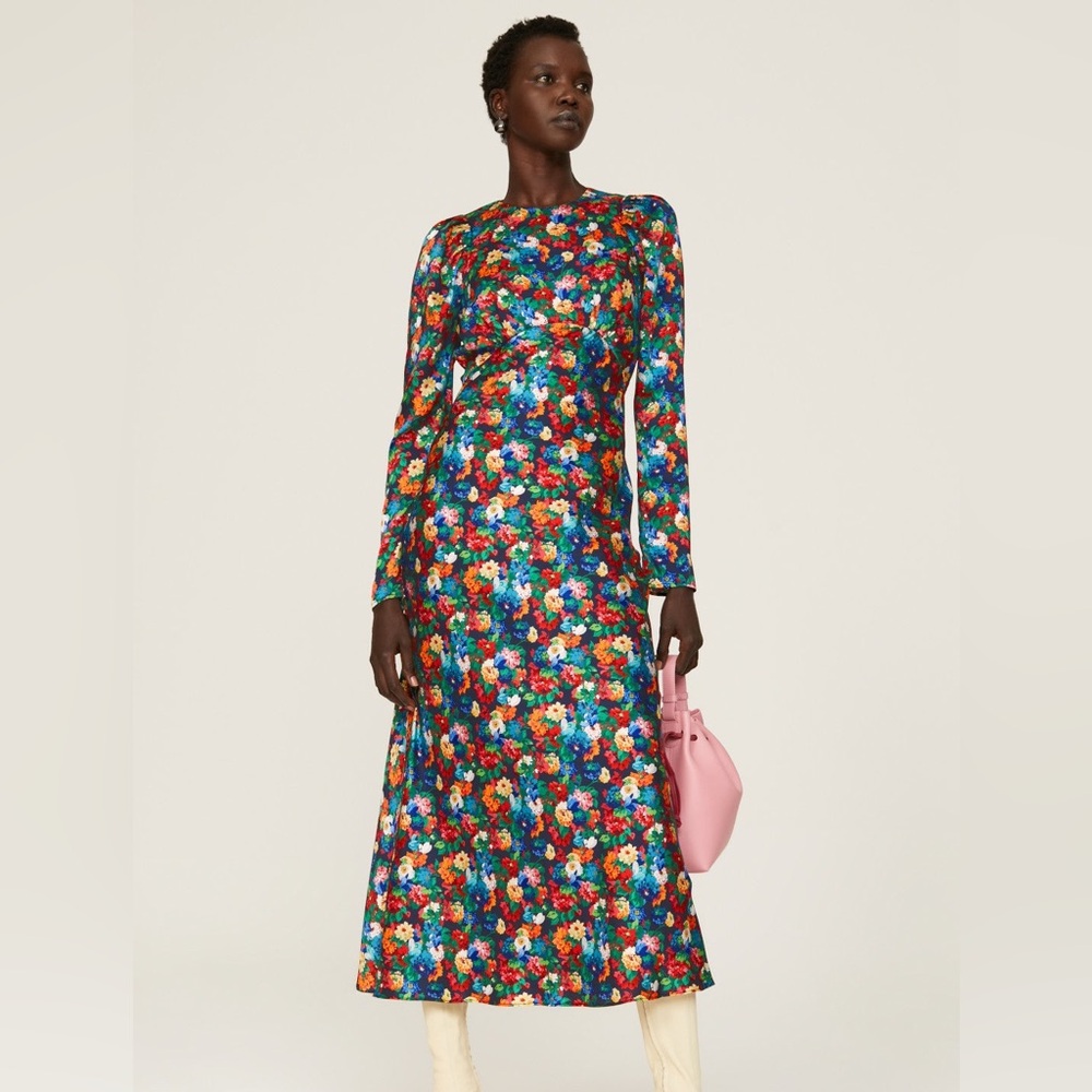 $495 Les Reveries Size 2 Floral Satin Midi Dress Bold Floral Long Sleeve